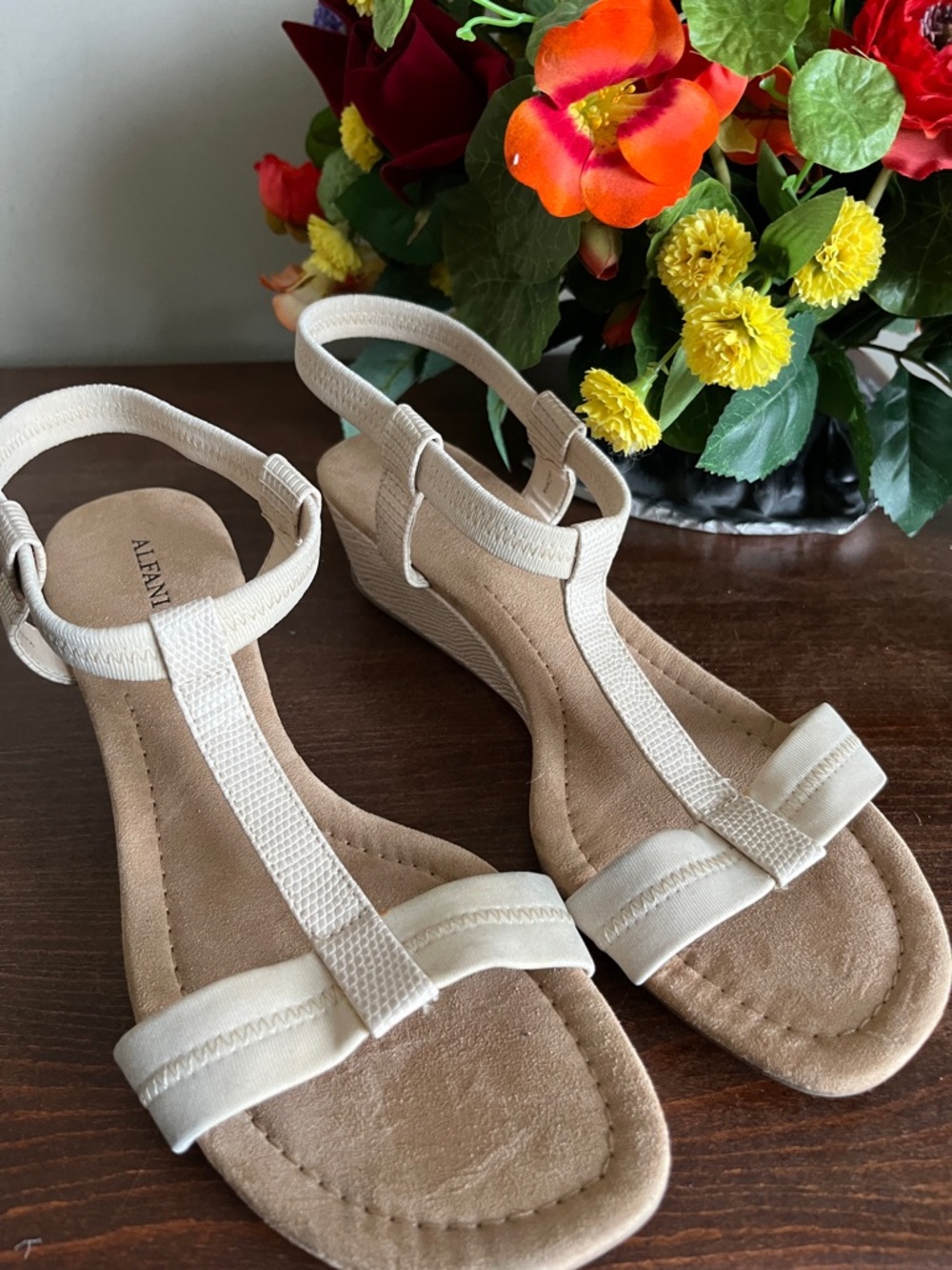 Alfani Cream Flex Step T-Strap Wedge Sandals